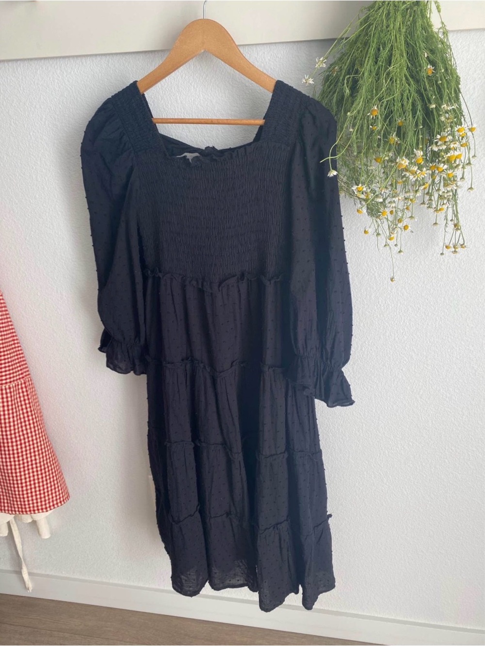 Marigold Black Smocked Square-Neck Midi Dress